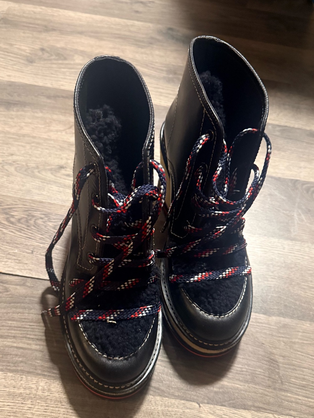 Moncler Black Lace-Up Boots with Red & White Braided Laces